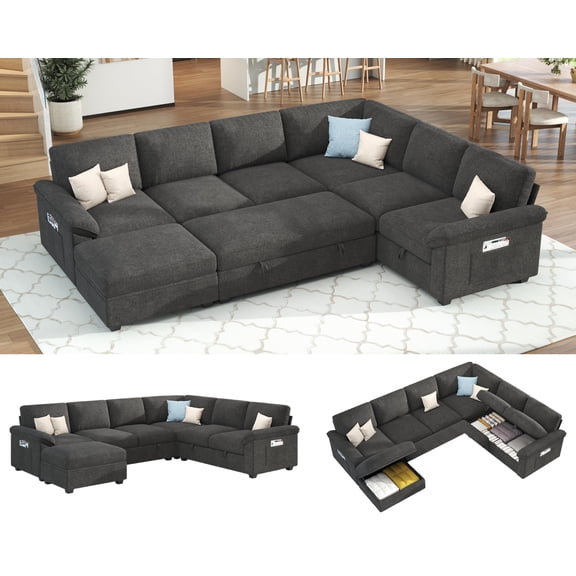 VanAcc 104" Sofa Bed, Sectional Sleeper Sofa with Pull Out Bed-Gray, U Shaped 7 Seat Sectional Couches for Living Room, Side Pockets