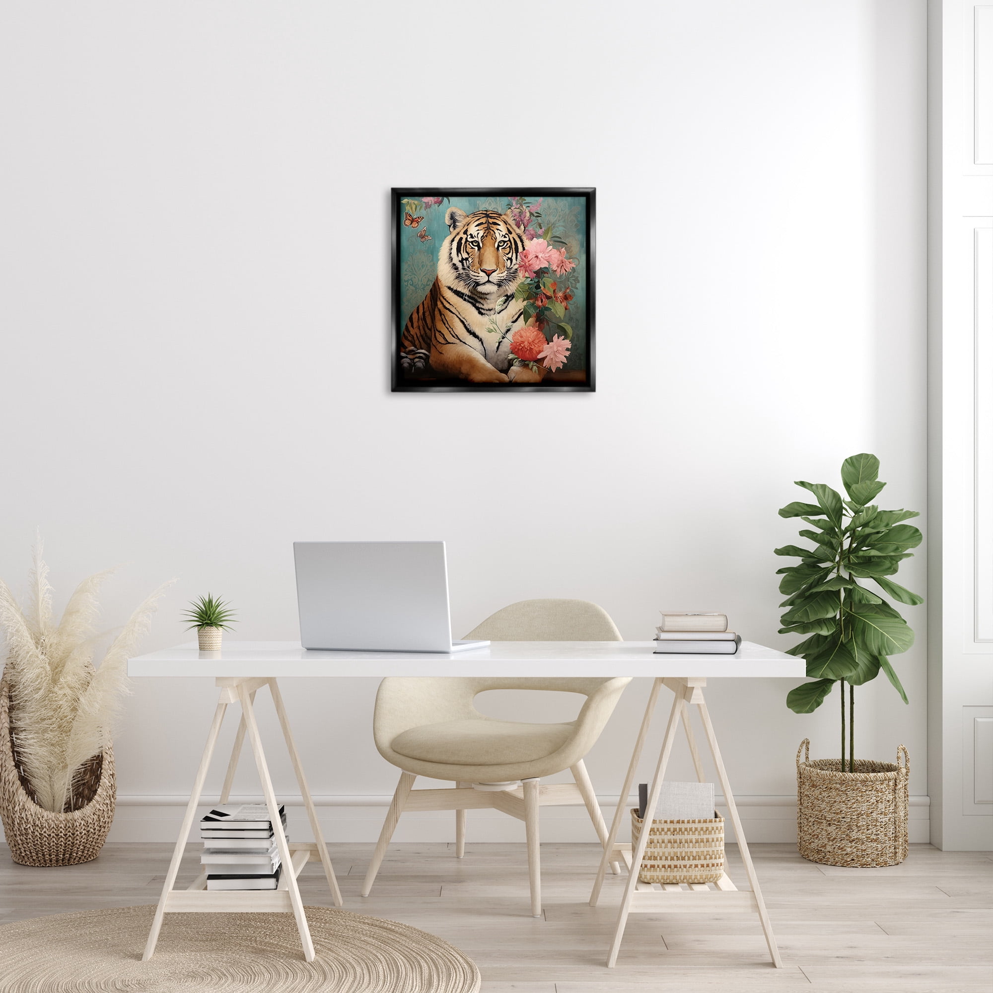 Stupell Industries Vintage Tiger & Bouquet Animals & Insects Painting Black Floater Framed Canvas Art Print Wall Art, 25 x 25