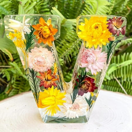 

Pebbuoy Floral Resin Night Light Decorative Lamp Letter Shaped Transparent Soft Glow Flicker Free Bedside Lamp Desktop Decoration