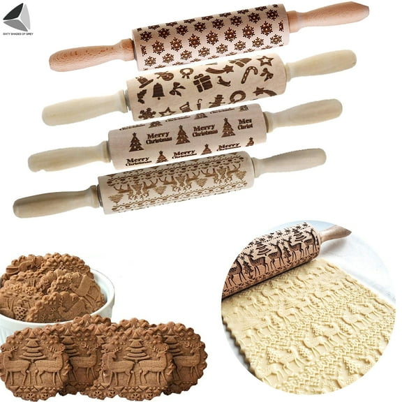 PULLIMORE 3D Christmas Wooden Rolling Pins 14" Embossed Roller Pin with Xmas Tree Snowflake Deer Pattern Cookies Cake Baking Tools