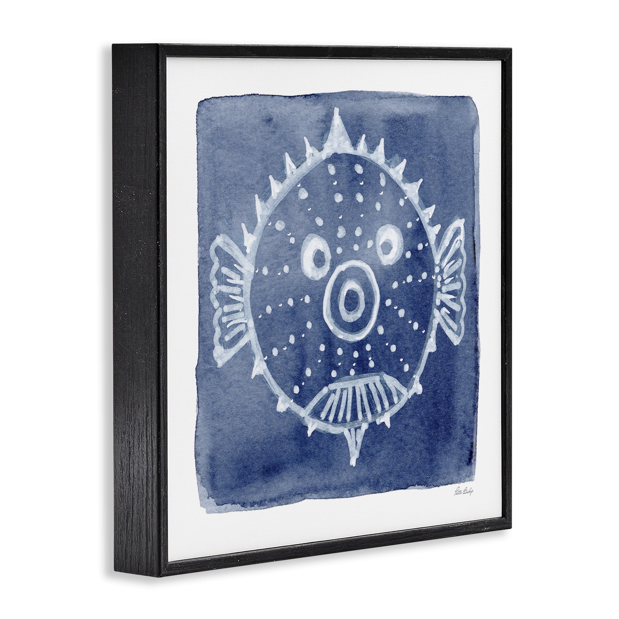 Stupell Industries White Blow Fish on Indigo Black Framed Giclee Art, design by Patti Bishop