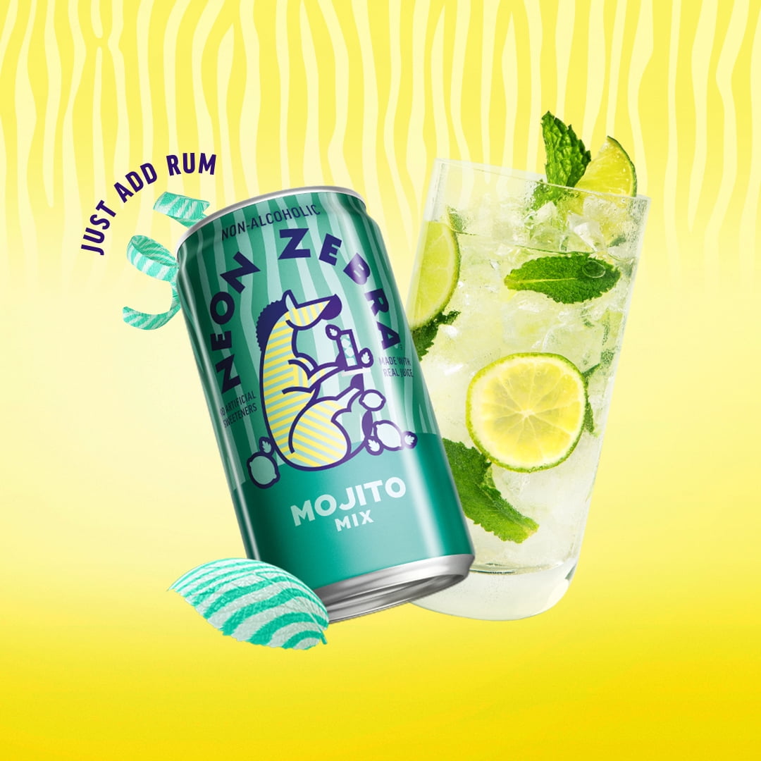 Neon Zebra Mojito Mix, Cocktail Mixers, No Artificial Sweeteners, 5% Juice, 7.5 oz Cans (24 Pack)