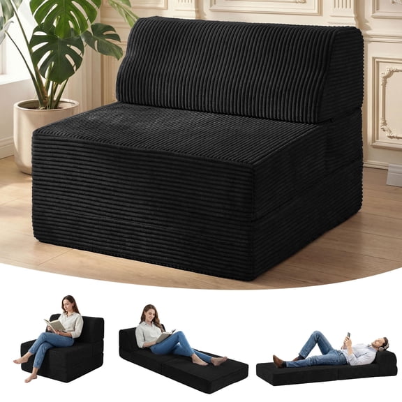 Black Tri-Fold Sofa Bed With Removable Cover, Memory Foam Futon Floor