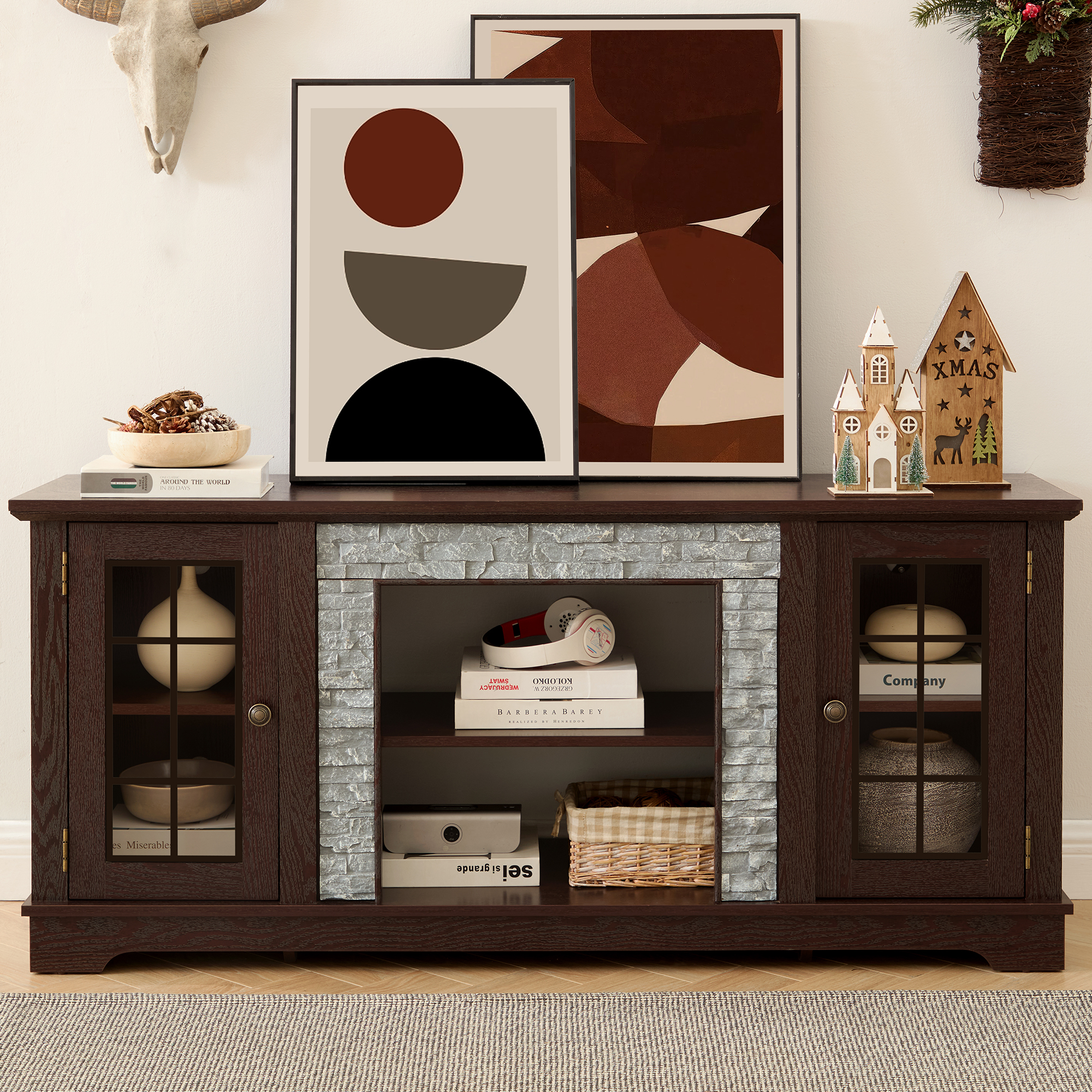 HIUU Farmhouse TV Stand with Storage,Modern TV Consoles for Living Room,Entertainment Stand,Faux Stone Entertainment Center for 65 Inch TVs(Cherry)