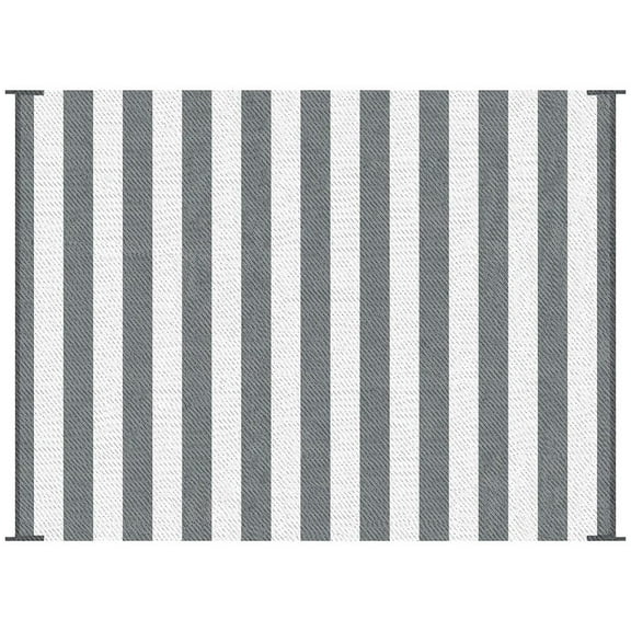 Topcobe Reversible Outdoor Rug, 9' x 12' Waterproof Plastic Straw Floor Mat, Portable RV Camping Carpet, Beach, Outdoor Floor Mat for RV, Camping, Backyard, Deck, Picnic, Beach, Gray & White Striped
