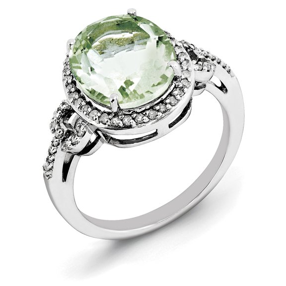 Sterling Silver Rhodium Diam. & Checker-Cut Green Quartz Ring QR3063AG