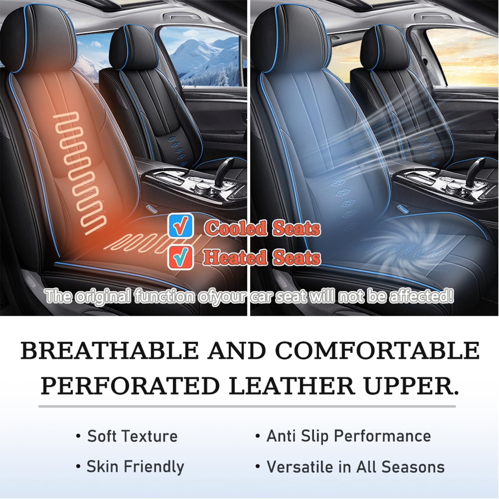Leather Seat Covers for Nissan Most 98% Cars SUVs,Premium Car Seat Covers Front Set,Waterproof Car Seat Protectors with Airbag,Comfort Interior Cover Seats for Cars(Black+Blue)