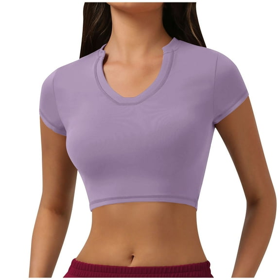 UYISJ Yoga Crop Tops for Women Summer Short Sleeve Classic Tee Gym Workout T Shirt V Neck Athletic Running Tops L