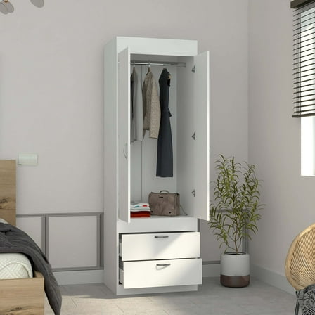 Newboti Furniture Armoire 70H", Double Door Cabinet, Two Drawers, Metal Handles, Rod, White 43847