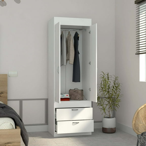Newboti Furniture Armoire 70H", Double Door Cabinet, Two Drawers, Metal Handles, Rod, White 43847