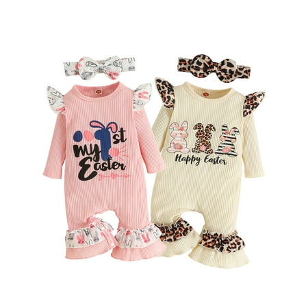 

Coduop Infant Baby Girls Easter Jumpsuit Set Letter Rabbit Print Long Sleeve Romper Bodysuit