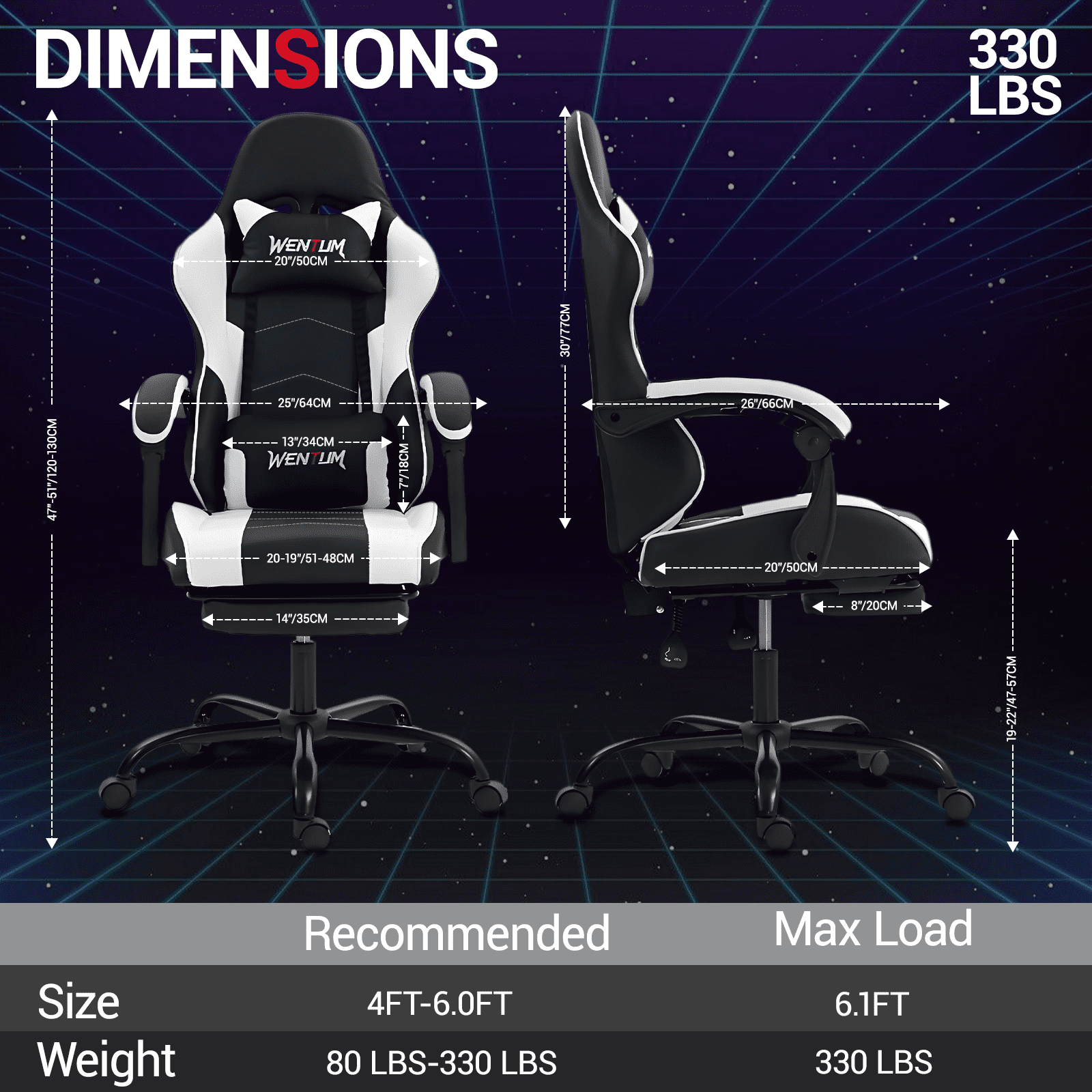 WENTUM  Ergonomic Reclining Gaming Chair with Linkage Armrests & Footrest, Racing Office Chair, PU Leather Computer Desk Chair, White