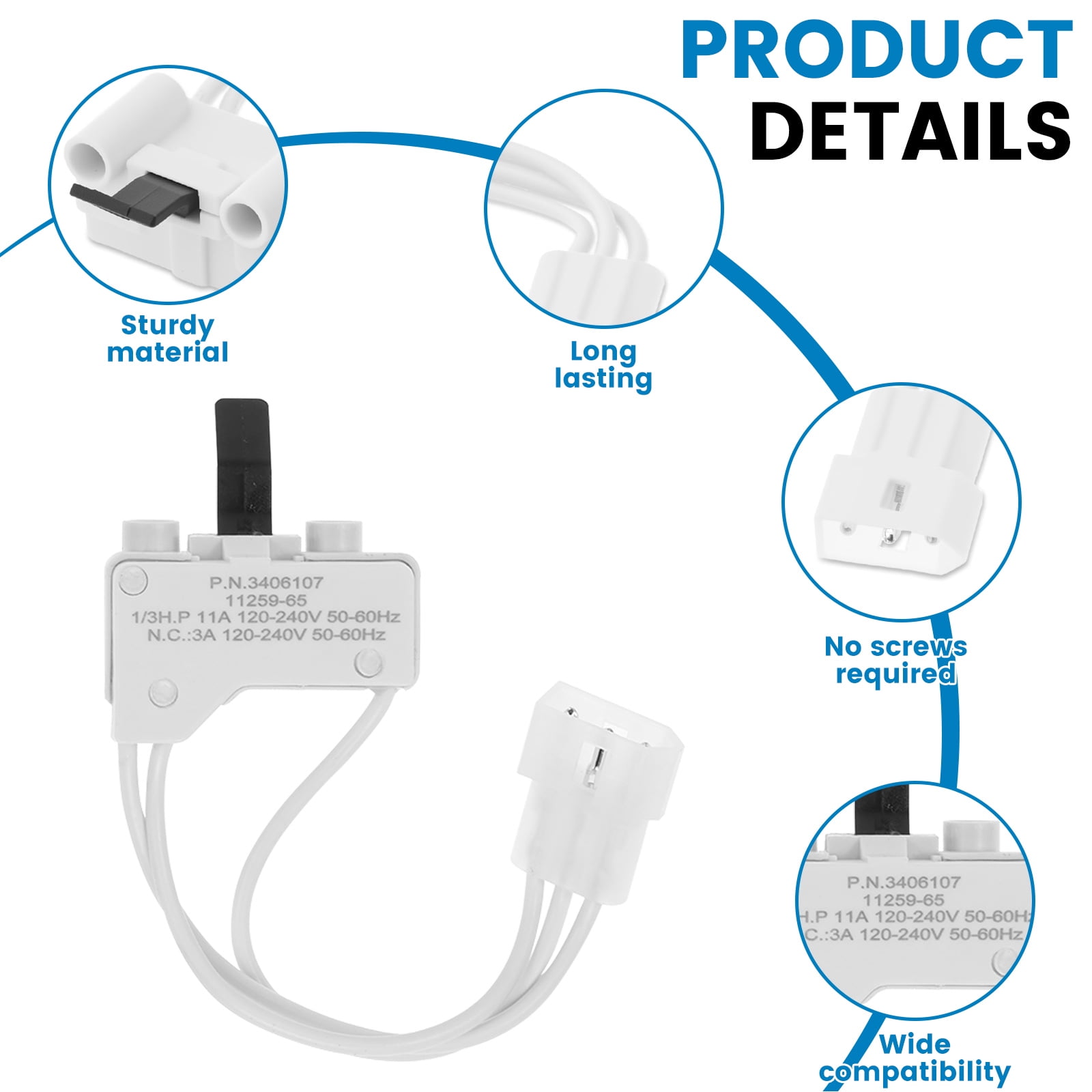 Fkszll 12PCS 3406107 Dryer Door Switch for Whirlpool Maytag Kenmore Dryers Replaces Part Numbers 3406109 3405100 3405101 3406100 3406101 Can Solve the Problem of No Rolling and No Heat Generation