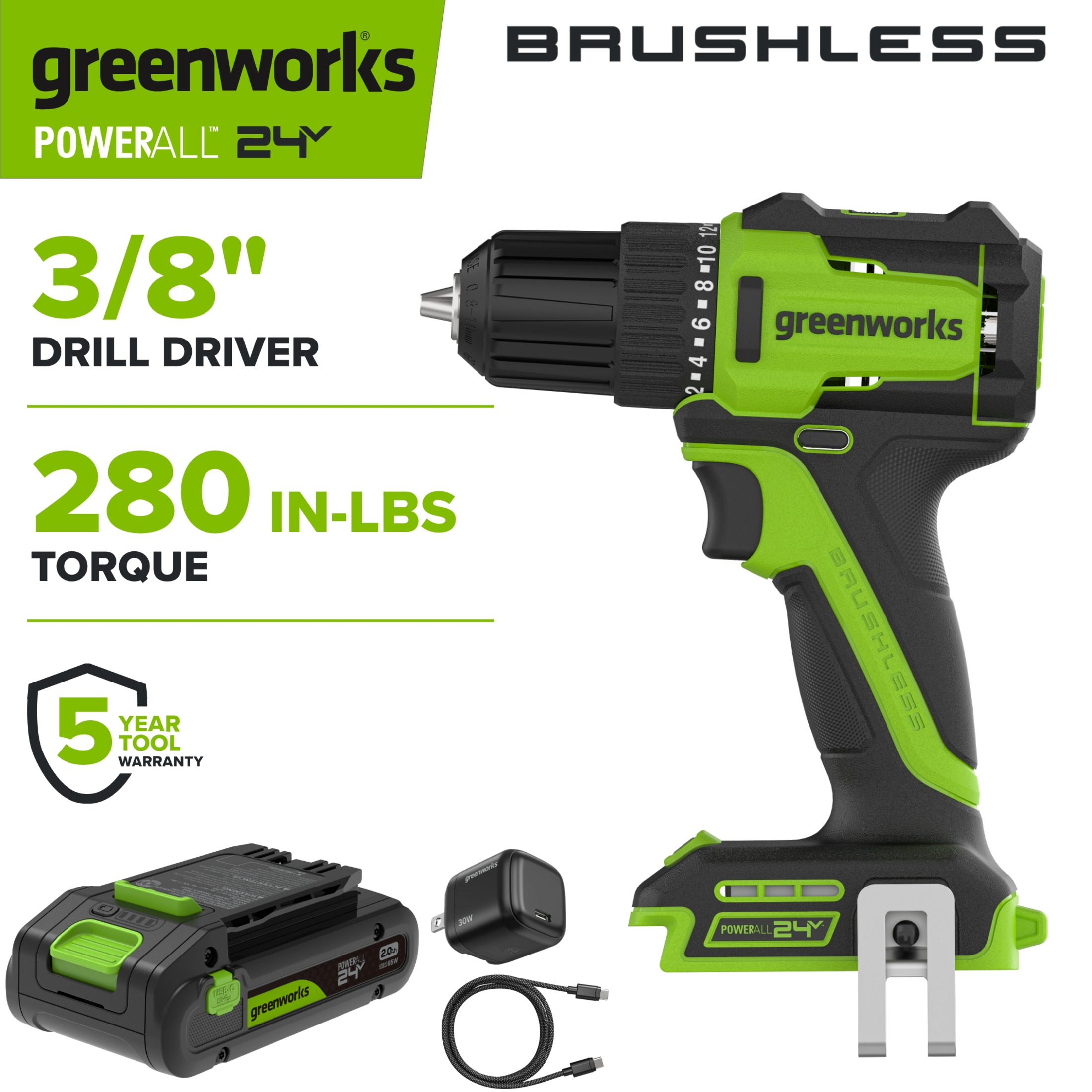 Greenworks PowerAll 24V Brushless 3/8" 280 in-lb Drill with 2Ah USB-C Battery, 30W Charger and Cable, DD330A1