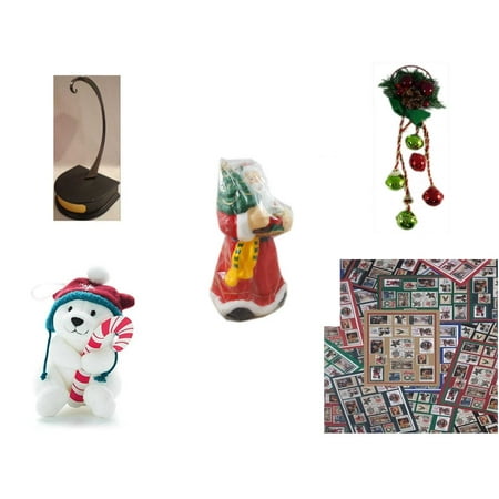 Christmas Fun Gift Bundle [5 Piece] - Hallmark Ornament Display Holder QXG4802 - Festive Holly Berry & Pinecone Door Knob Jingler - Wax Santa Candle 7