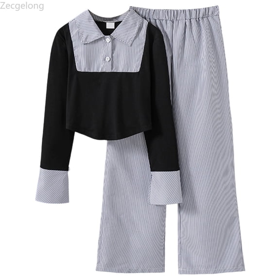 Zecgelong Girls' Outfit Spring/Summer Fashionable Color Striped Style Retro Long Sleeved Top And Wide Leg Pants. Suitable For 8 13 Years Old. Girls Outfits Sets Age 8-9 Years