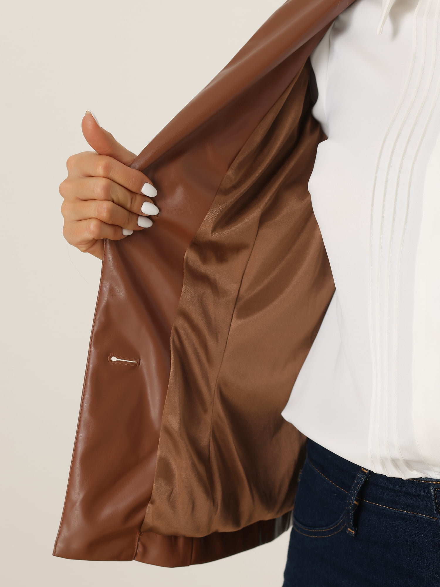 INSPIRE CHIC Women's Faux Leather Jacket Notched Lapel Button-Down Blazer Coat with Pockets XS Brown