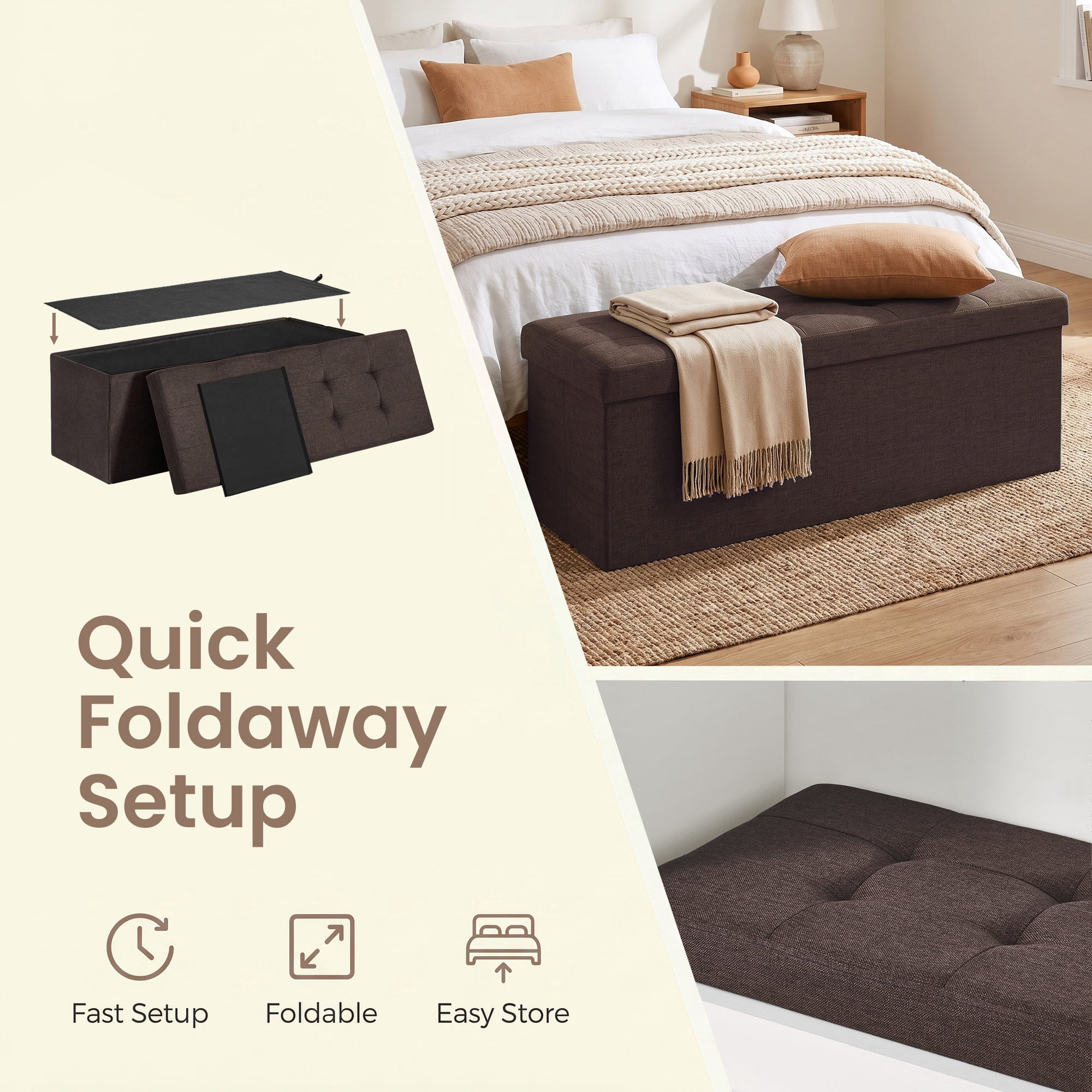 Ledrem Brown Foldable Storage Ottoman Bench with 660lb Capacity