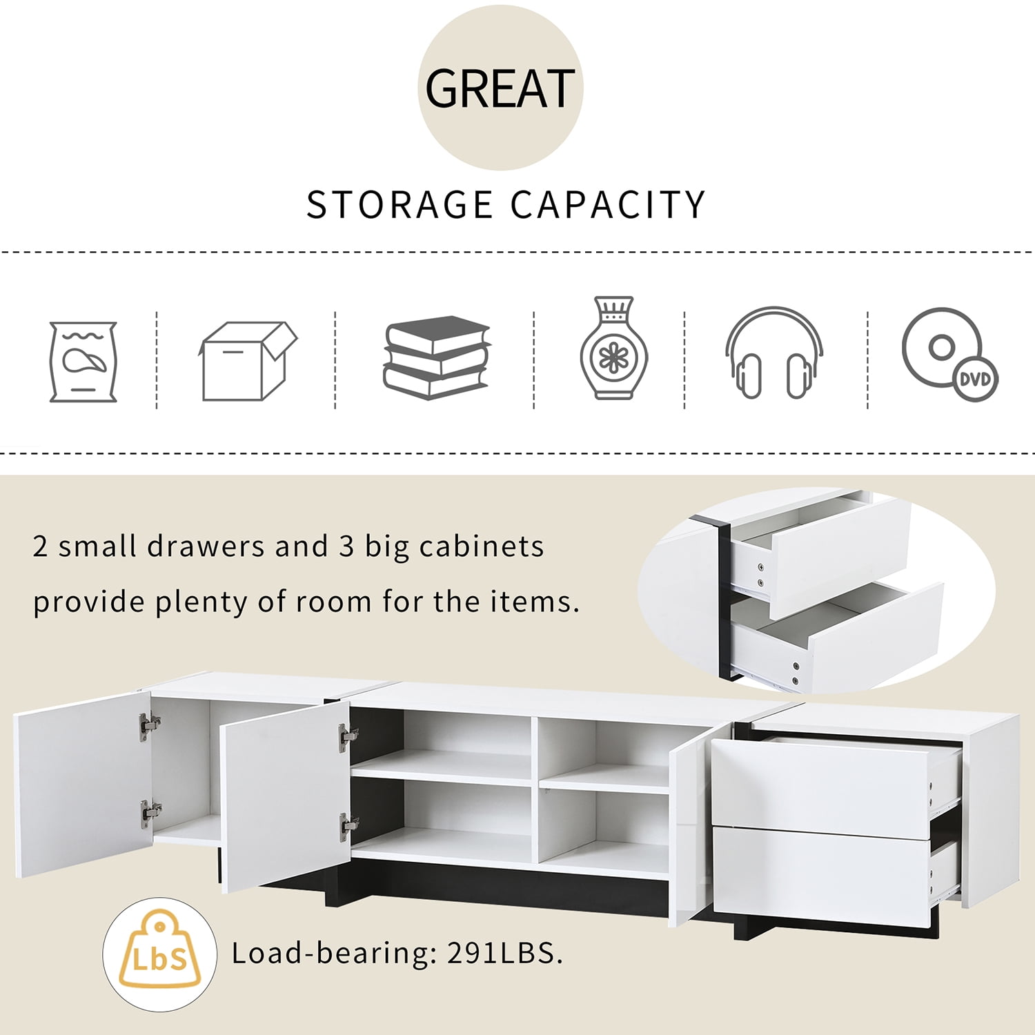 Kadyn Rectangle TV Stand, Particle Board TV Cabinet for TVs Up to 80”, Modern Entertainment Center TV Console with High Gloss UV Surface, 2 Drawers and 3 Cabinets, White