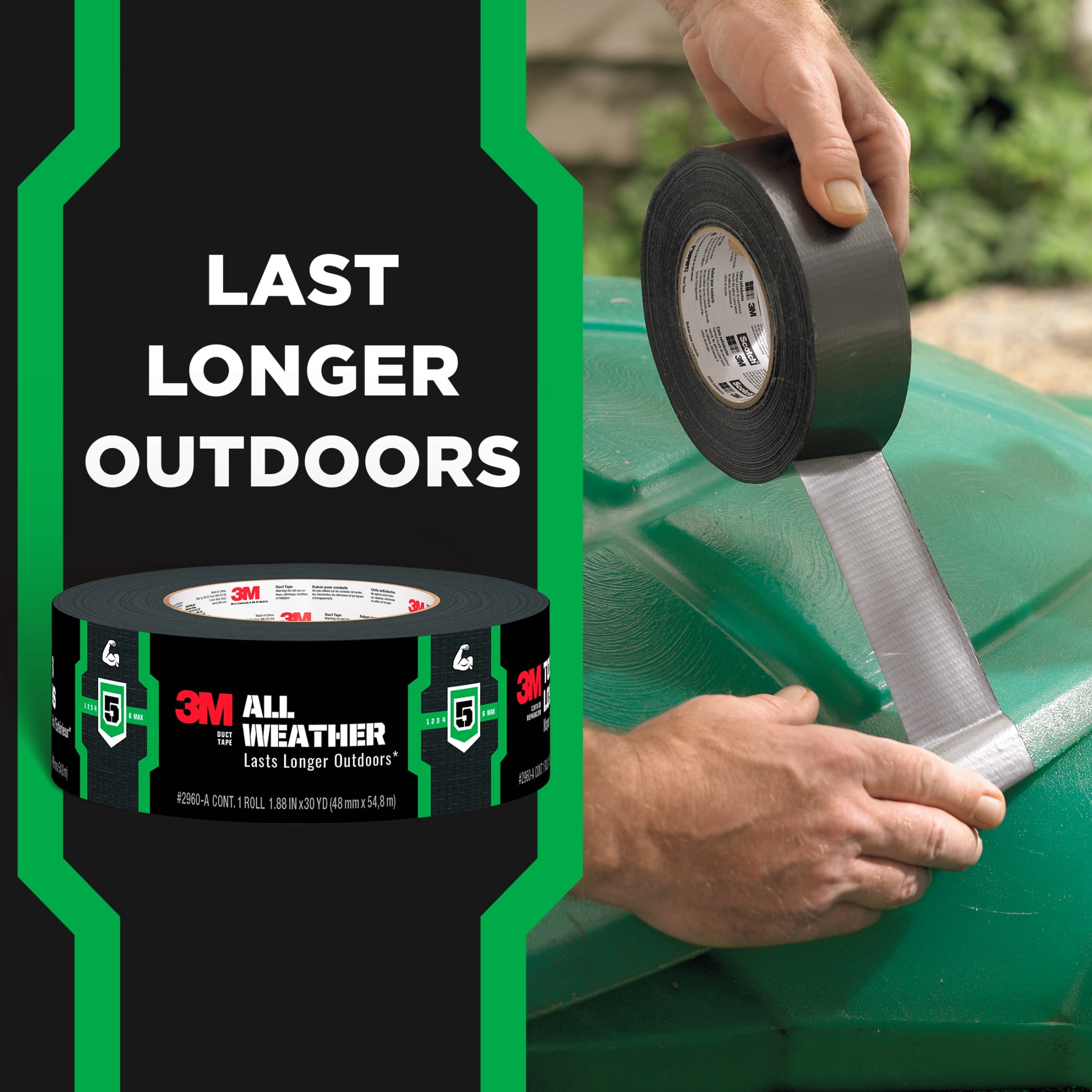 3M All Weather Duct Tape, Black, Lasts Longer Outdoors, 1.88 in. x 25 yd., 1 Roll