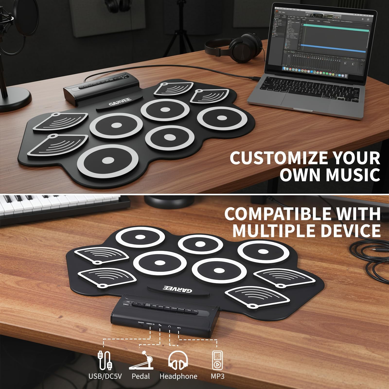 Wireless Electronic Drum Set, 9-Pad Portable Roll-Up Kit - Includes Kick Pedal & Drum Sticks, with Built-in Speaker, LED Lights, Recording for Kids & Beginners