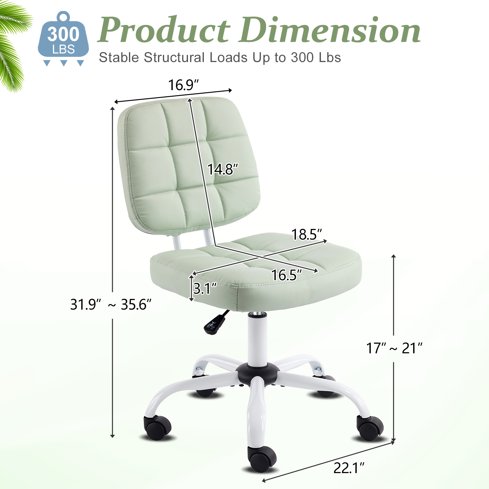 Ktaxon Armless Office Chair with Star Base PU Swivel Task Chair with 9-Grid Design for Study Room or Dressing Area Green
