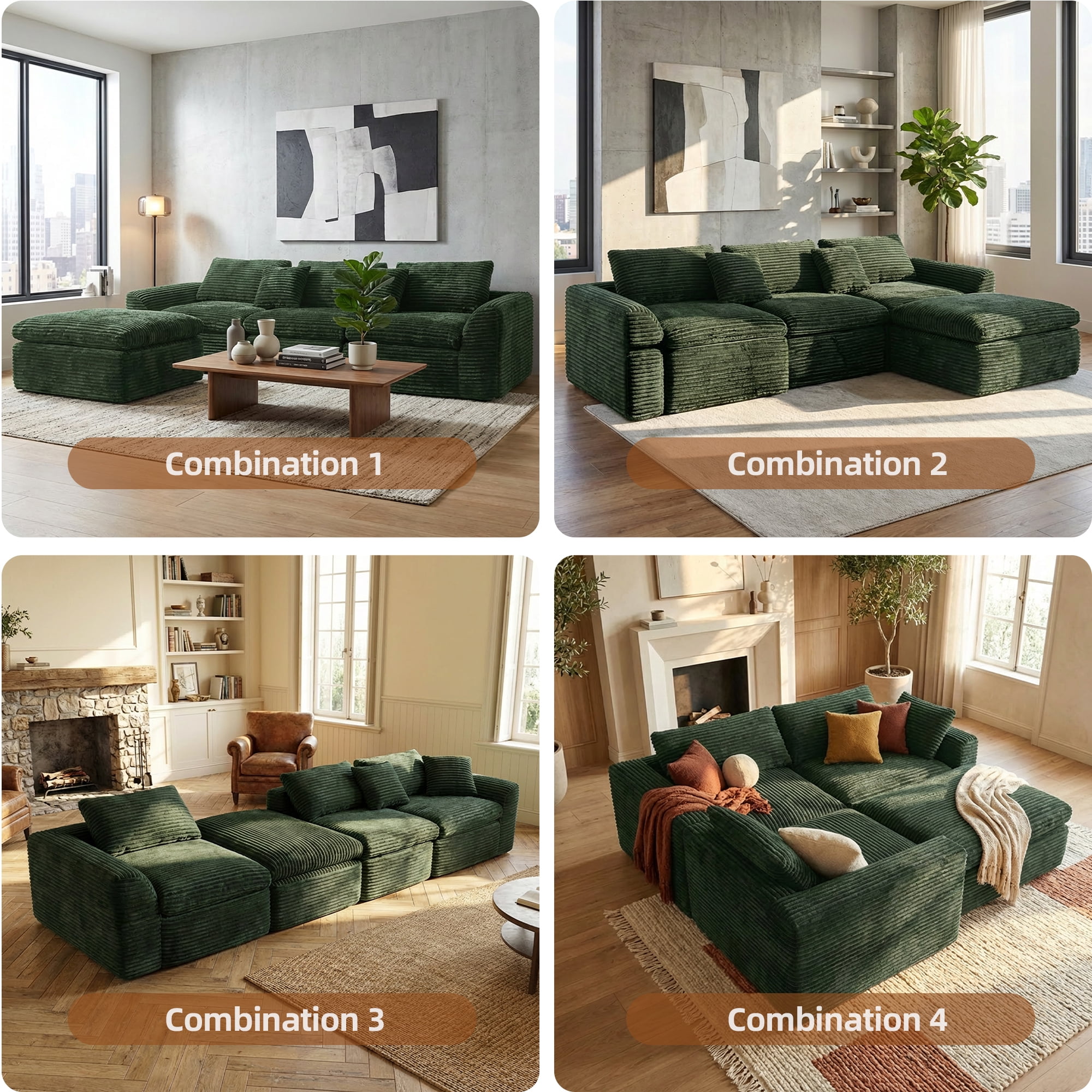 CARZZI 108'' Modular Sectional L-Shaped with Chair,Deep Seat Boneless Corner Couch for Living Room,Plush Corduroy Couch with Detachable Sofa Set,No Assembly(Left Facing Chaise，Green)