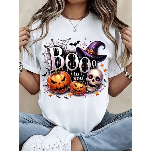 Halloween Graphic Tee Women Boo To You Pumpkin Skull Witch Hat Print Casual Party Top