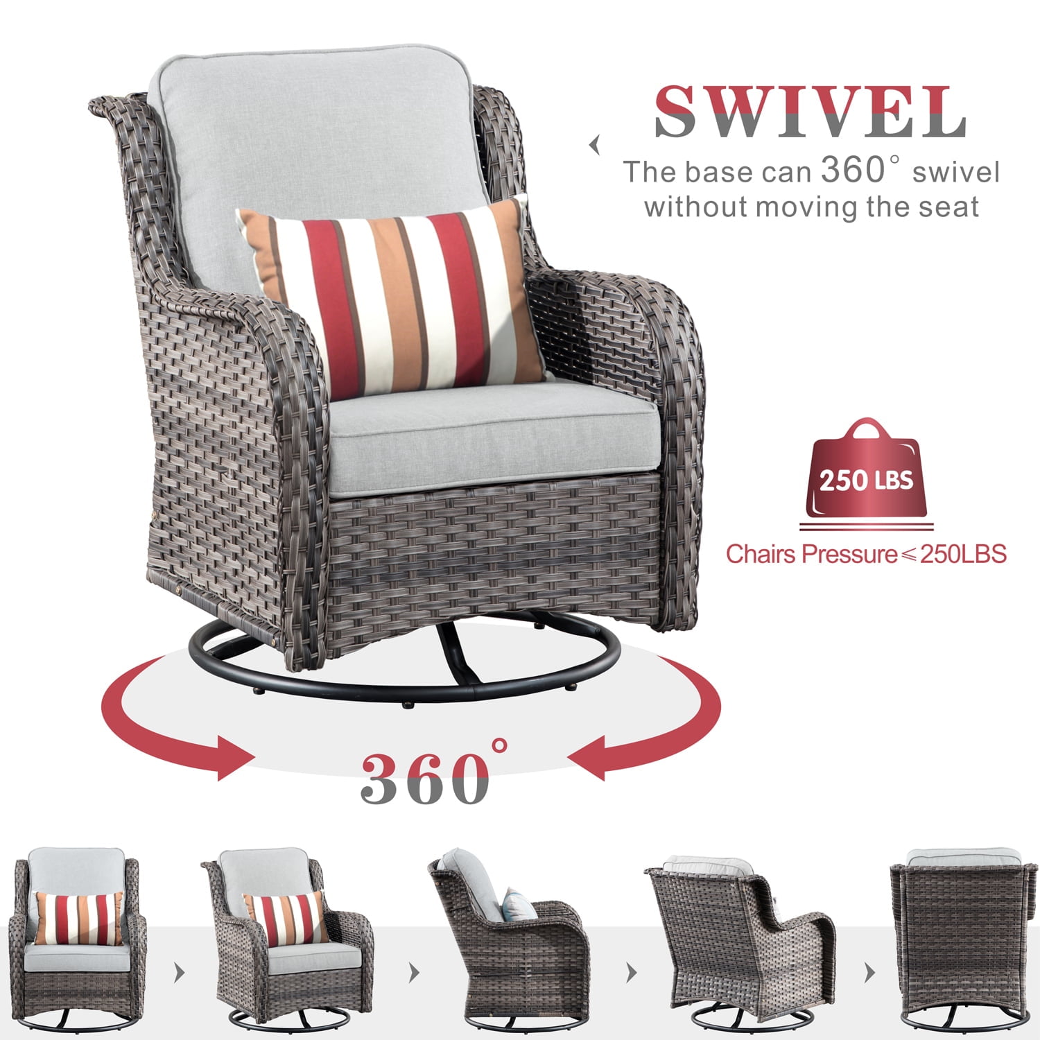 Ovios 3 Pieces Outdoor Furniture Wicker Patio Bistro Set with Swivel Chairs and Soft Cushions for Garden Backyard