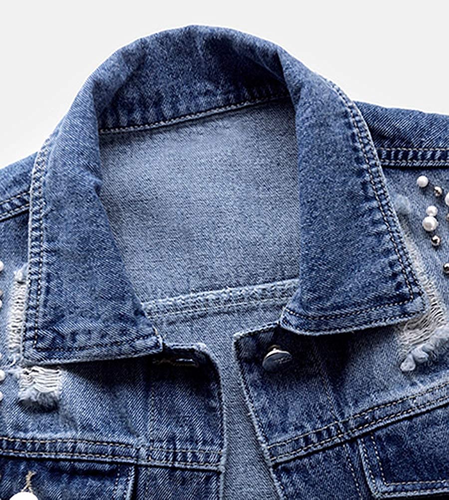 Womens Beading Pearls Sleeveless Denim 