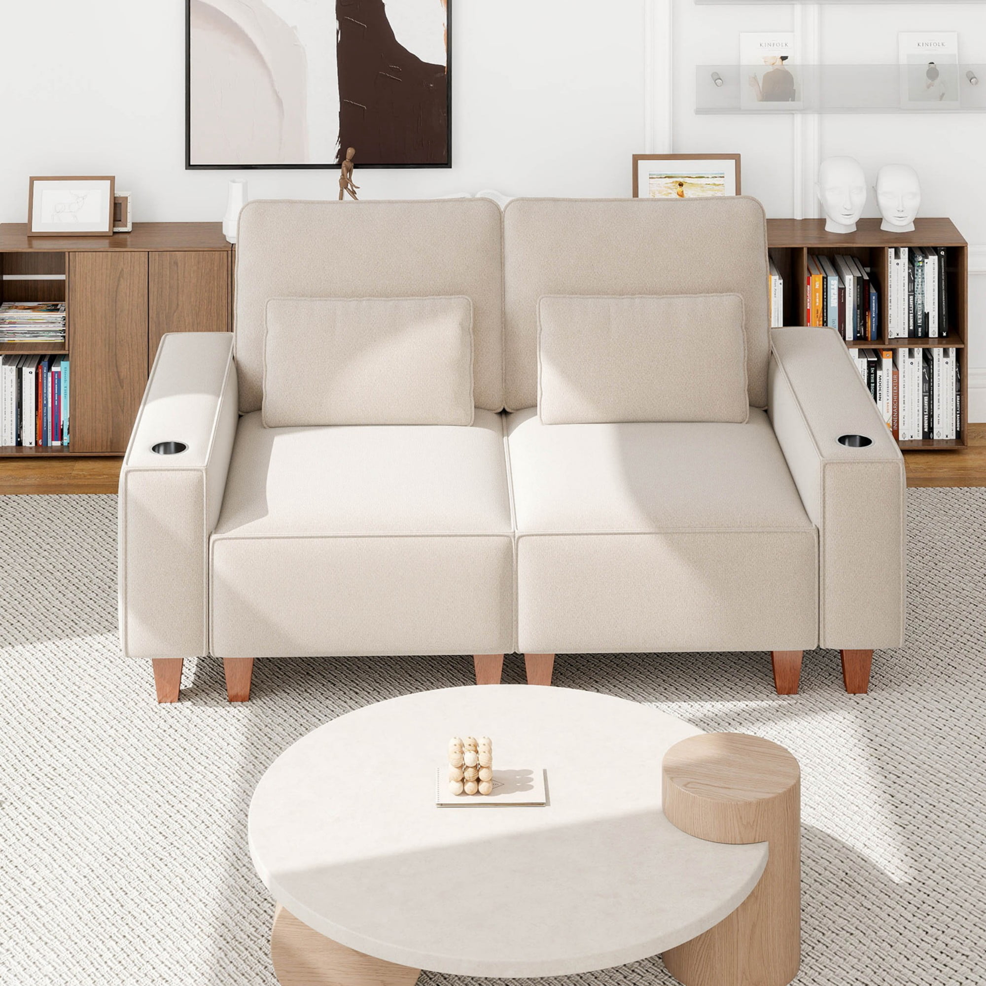 Gewnee Loveseaters Sofa with Wide Armrests,Cup Holders and Pillows,Comfortable WideSeat Sofa for Living Room or Apartment.Beige