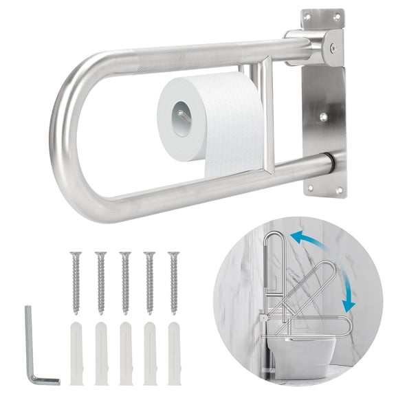 Qunbio Toilet Grab Bar 23.6", Flip Up Bathroom Handicap Grab Bar with Paper Holder, Safety Handrails for Elderly Disabled Pregnant