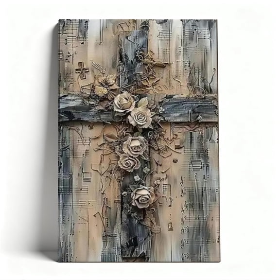 Textured Floral Cross Canvas Wall Art, Rustic Christian Decor, 3D Textured Floral Artwork For Prayer Room, Ready To Hang