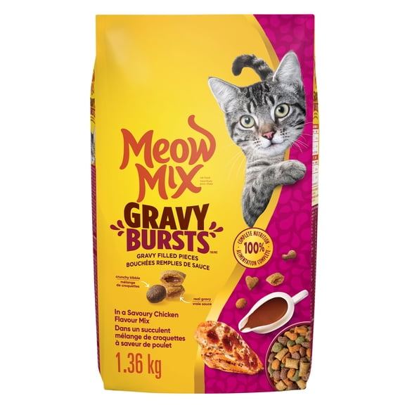 Meow Mix Gravy Bursts Complete Adult Cat Food in a Savoury Chicken Flavour Mix 1.36 kg