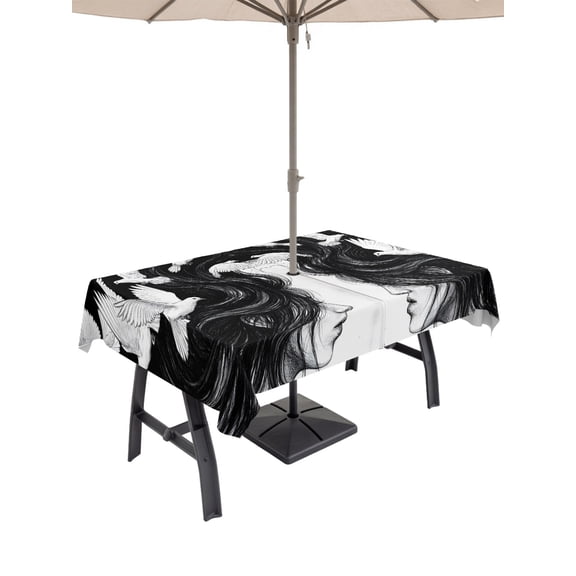 Outdoor Tablecloth with Umbrella Hole for Patio/Picnic/Party/Camping, Modern Aesthetic Girl Waterproof Table Cloth Rectangle Table Cover Washable, Abstract Vintage Long Hair Girl Pigeon (54"x 80")