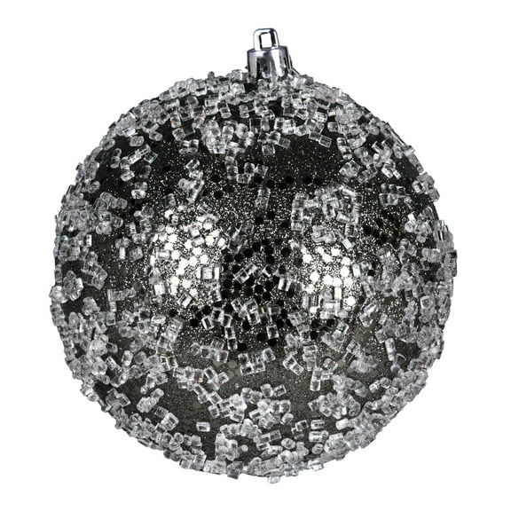 Vickerman 4.75" Wrought Iron Glitter Hail Ball Drilled Wired 4/Bag. These ornaments feature a drilled cap with looped wire to ensure that decorating is a breeze. They are made with plastic to reduce t
