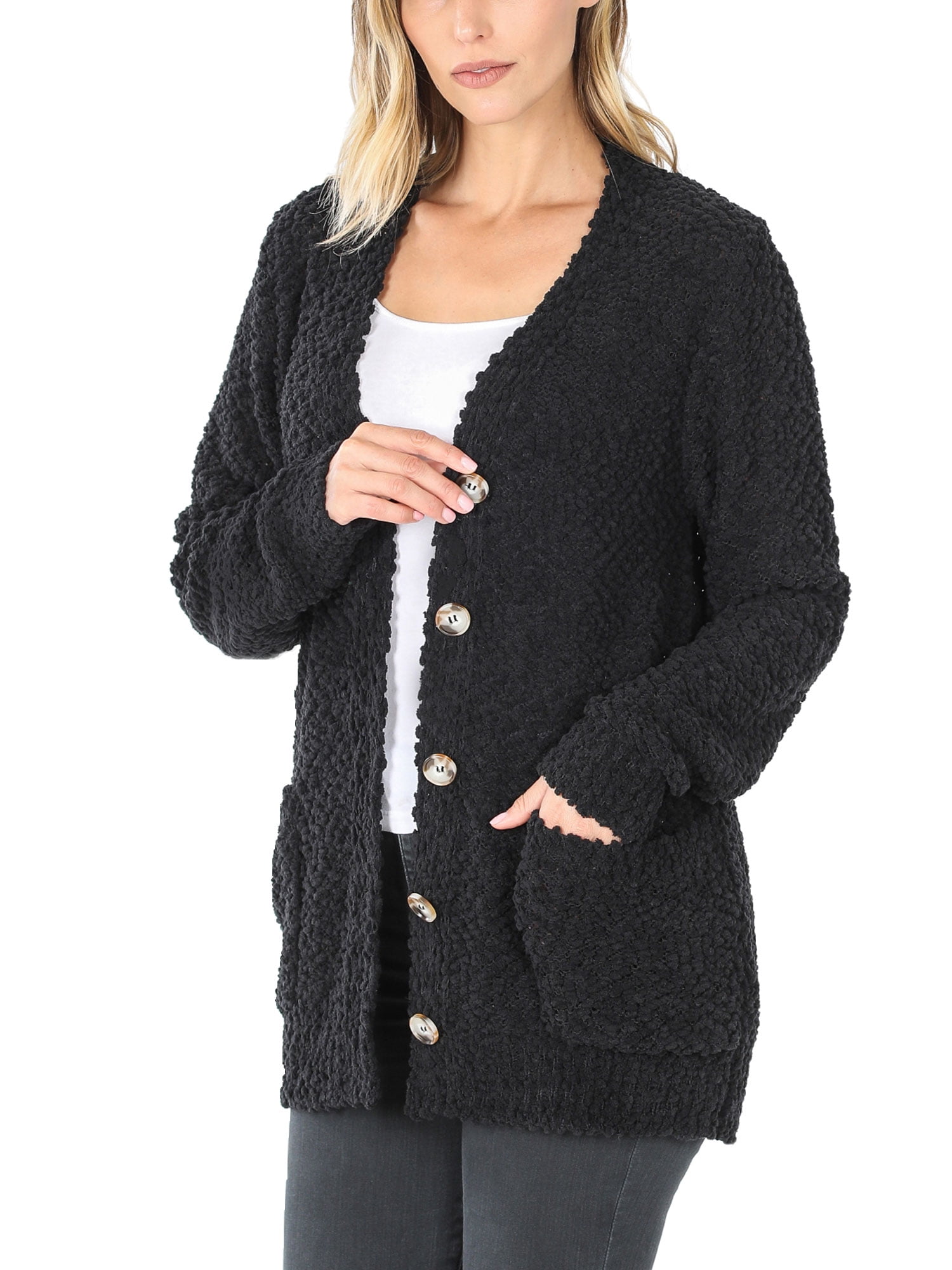 KOGMO Women's Long Knit Cardigan - Snap Button Sweater, Above-Knee Length, Size L Black - View #8
