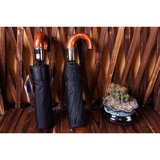 Paraguas automático de tres pliegues con forma de elefante, de piel sintética y mango de madera, de diez hojas, extragrande, de color negro, para hombre, totalmente automático, de tres