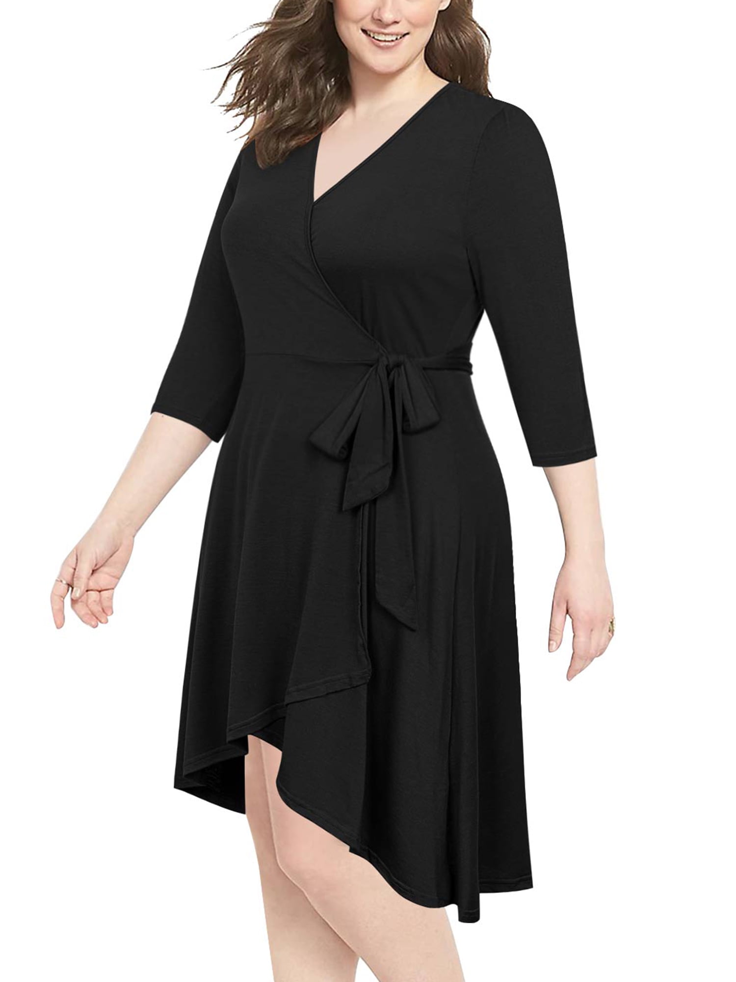 *NEW Woman's Black 3/4 Sleeve A-Line Flattering Black Midi Dress Size Large 