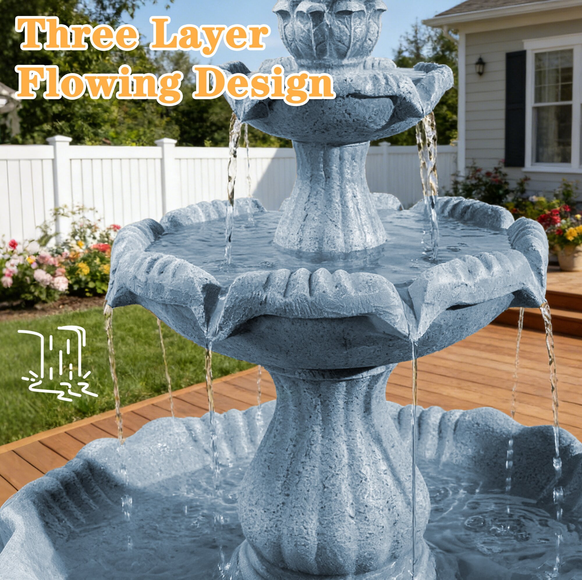 Alukang 48.03" Italian Outdoor Water Fountain, 3-Tier Garden Fountains and Waterfall with Pump & Pineapple Finial, Freestanding Resin Waterfall Fountain Feature for Patio,Backyard,Home Decor, Gray