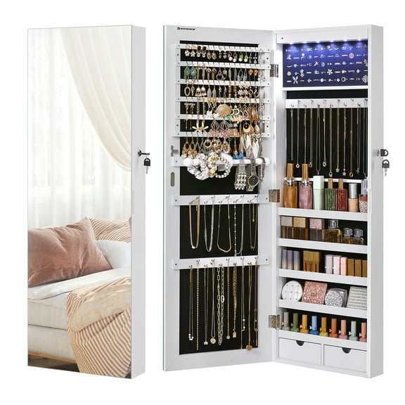 Hanging Mirror Jewelry Cabinet Wall or Door Mounted Jewelry Armoires with LED Interior Lights Jewelry Organizer Box Holder Full-Length Mirror White