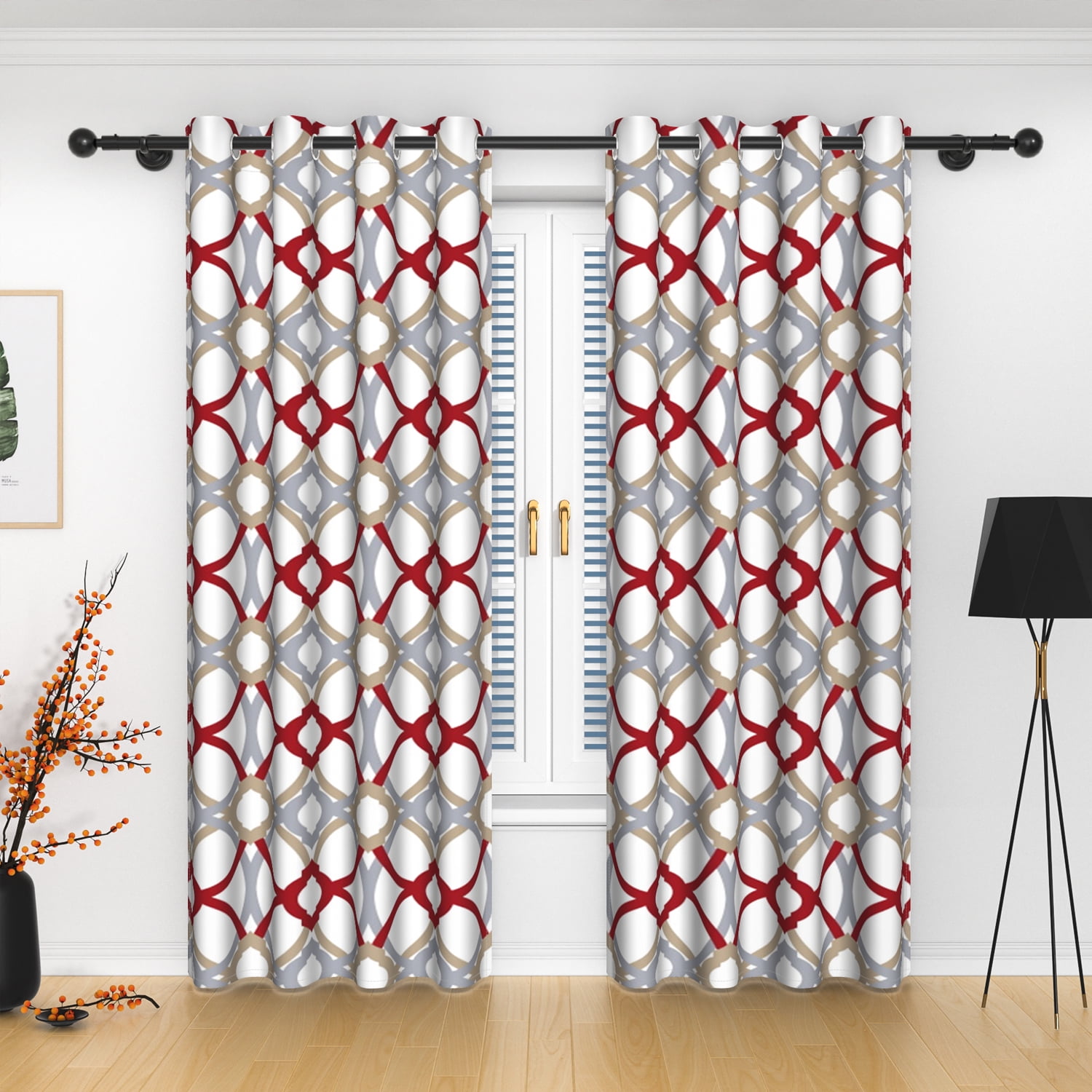 Lfeey Blackout Curtains Geometric Modern Grommet Curtains, Room Darkening Privacy Drapes, Red and Gray, 52x63 Inches, 2 Panels