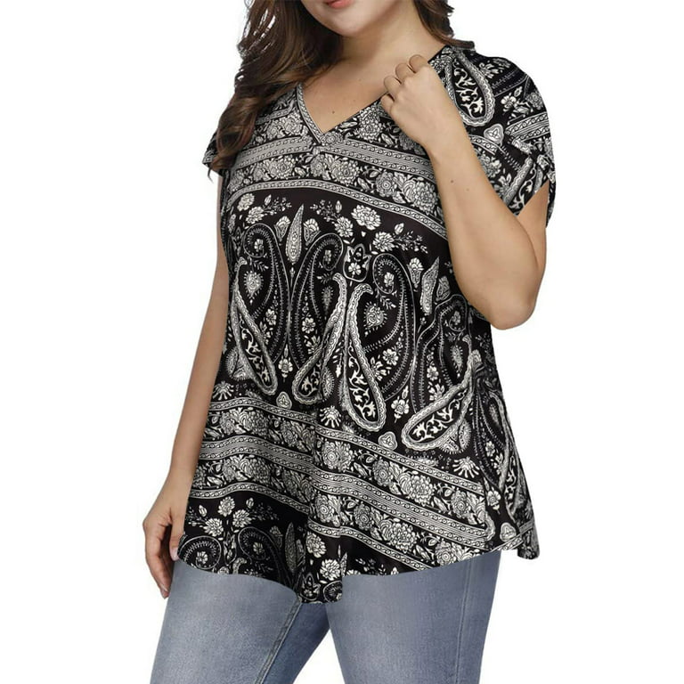 CYMMPU Women's Short Sleeve Summer Plus Size Tunic Blouse Clearance Vintage  Flora Printing V-Neck Tshirt Plus Size Work Tops Comfy Casual Loose Shirts