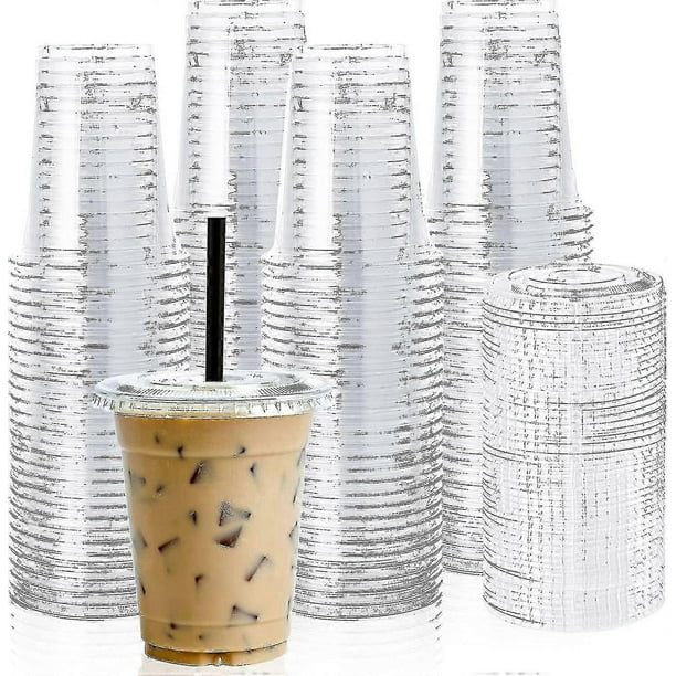 12oz Clear Plastic Cups With Flat Lids - Pack Of 100 - Ideal For Ice Coffee, Smoothies, Slurpees, And Cold Drinks