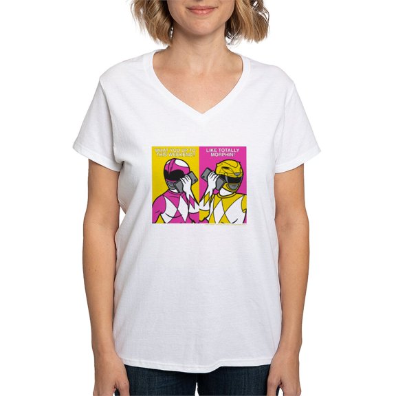 CafePress - Power Rangers On Their Cell Women's V Neck T Shirt - Womens Cotton V-Neck T-shirt