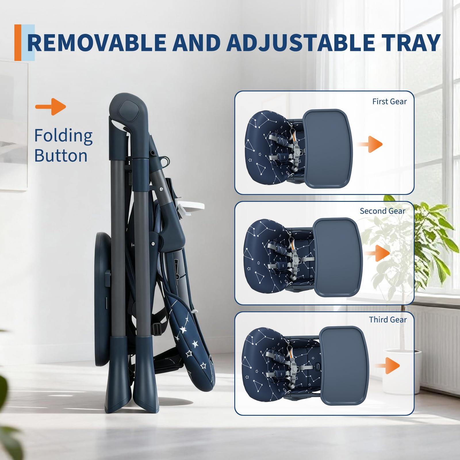 Baby High Chair,Foldable High Chair for Babies and Toddlers,Height Adjustable Feeding Chair, Adjustable Backrest and Footrest,Easy Assembly
