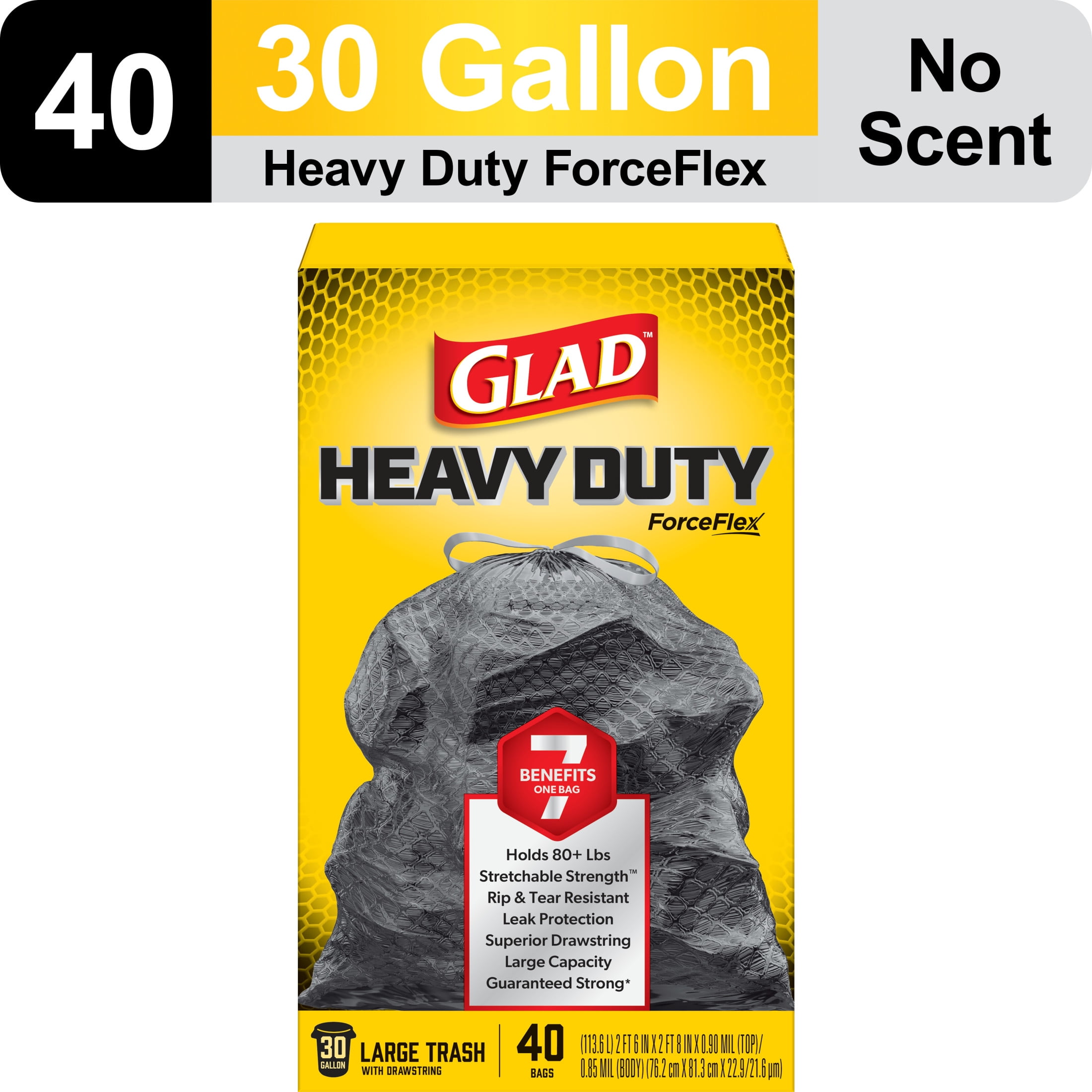 (4 pack) Glad ForceFlex Heavy Duty Large Drawstring Trash Bags, Hold 80+ Pounds, 30 Gallon, 40 Count