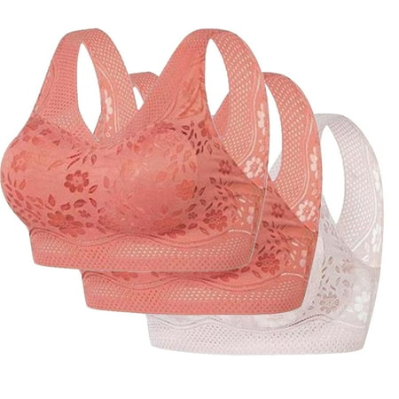REORIAFEE Bras for Women No Underwire 3PC Wireless Gathered Together Bras Solid Brassiere Breathable Wide Strap Comfy Corset Underwear Classic Comfortable Support Lingerie Pink M