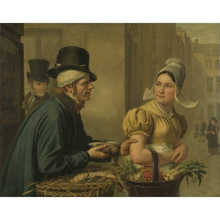 The Poultryman Ignace Brice 1827 Belgian Painting Oil On Canvas Street Scene Of Man Grabbing A Young WomenS Arm At A Market To Sell Her A Dead Pigeon Poster