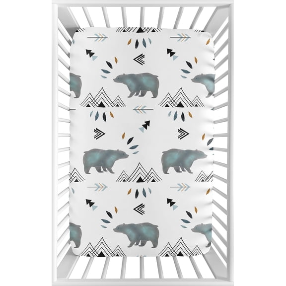 Sweet Jojo Designs Bear Mountain Blue Black and White Mini Fitted Crib Sheet